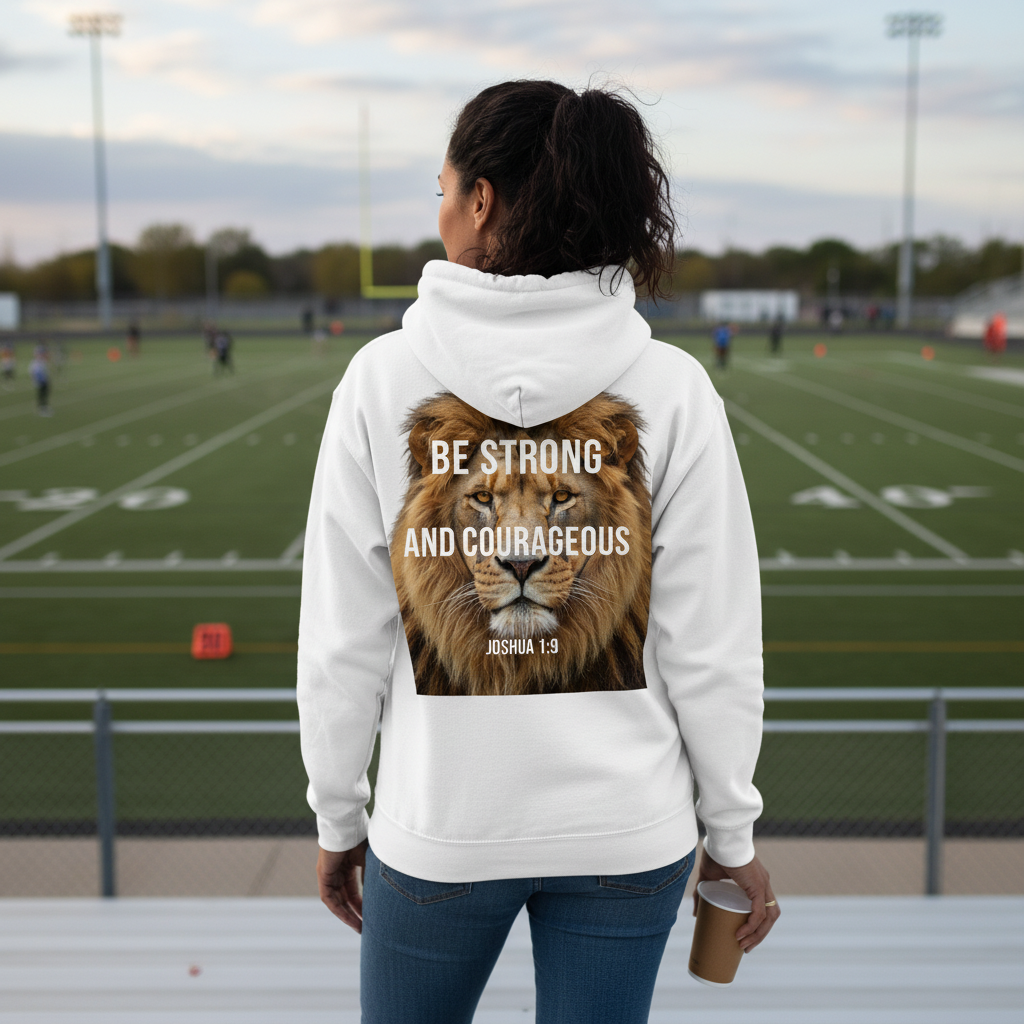 Person wearing a hoodie with a lion graphic and motivational text on a football field.