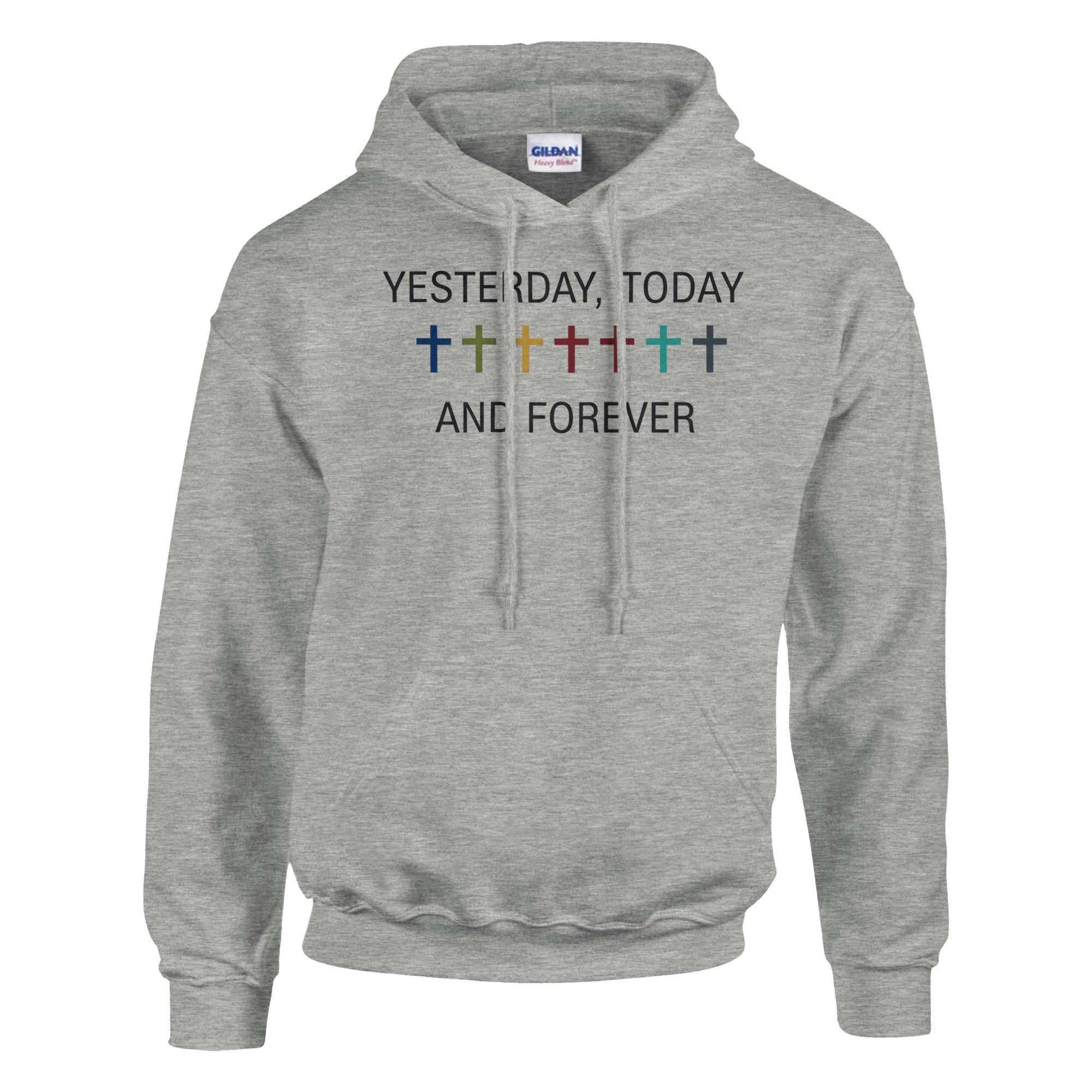 Gray hoodie with text and colorful crosses on a white background
