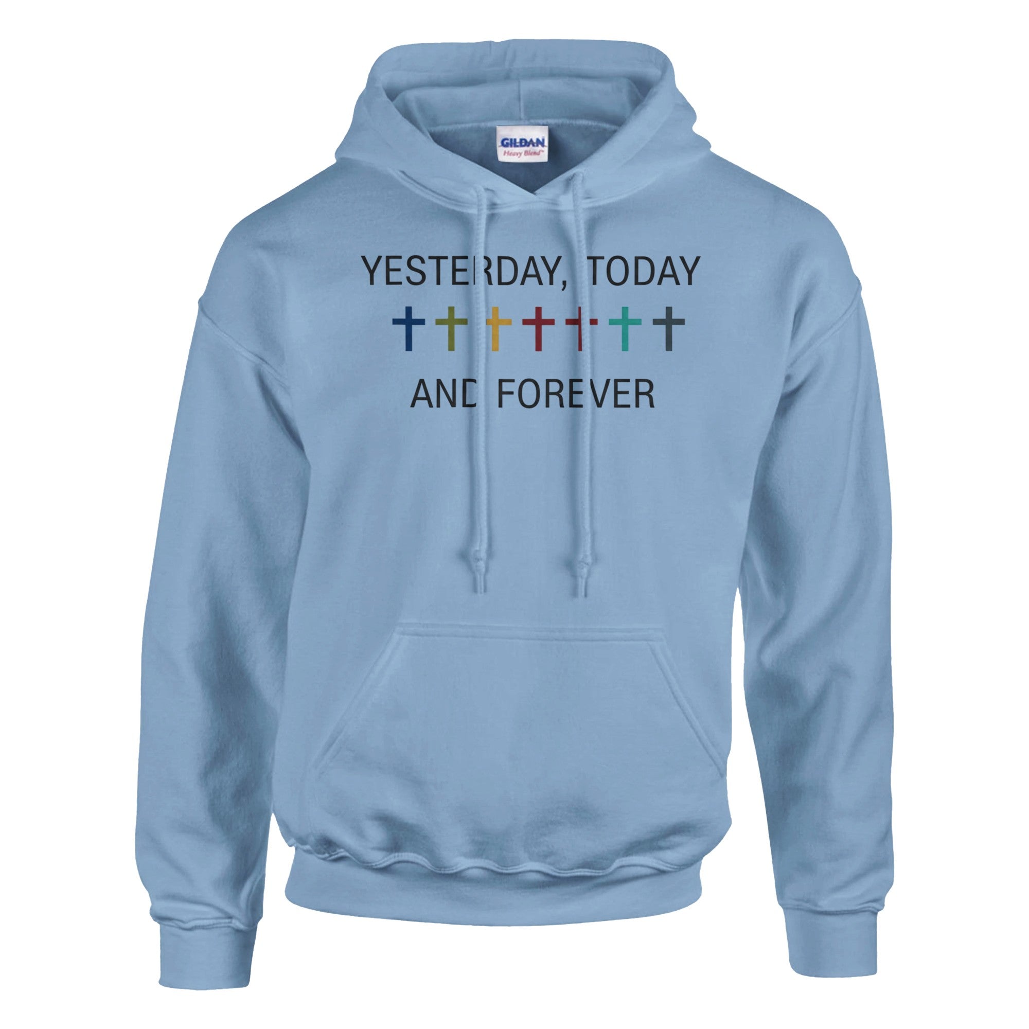 Light blue hoodie with text and colorful crosses on a white background