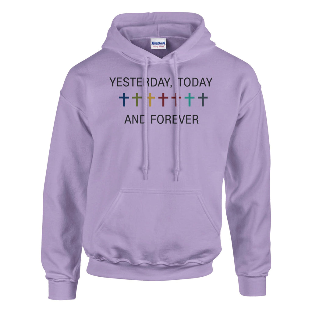 Purple hoodie with text and colorful crosses on a white background