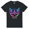 Black t-shirt with colorful 'Jesus' design on a white background
