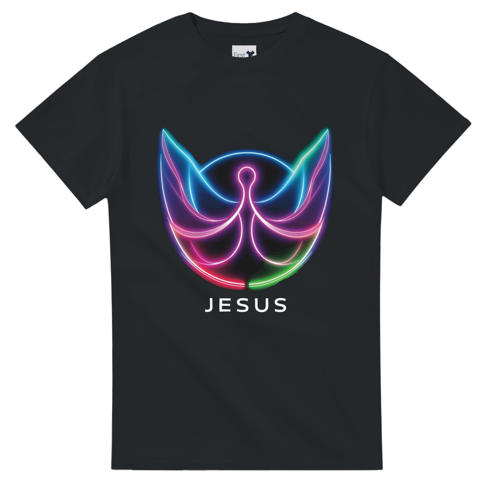 Black t-shirt with colorful 'Jesus' design on a white background
