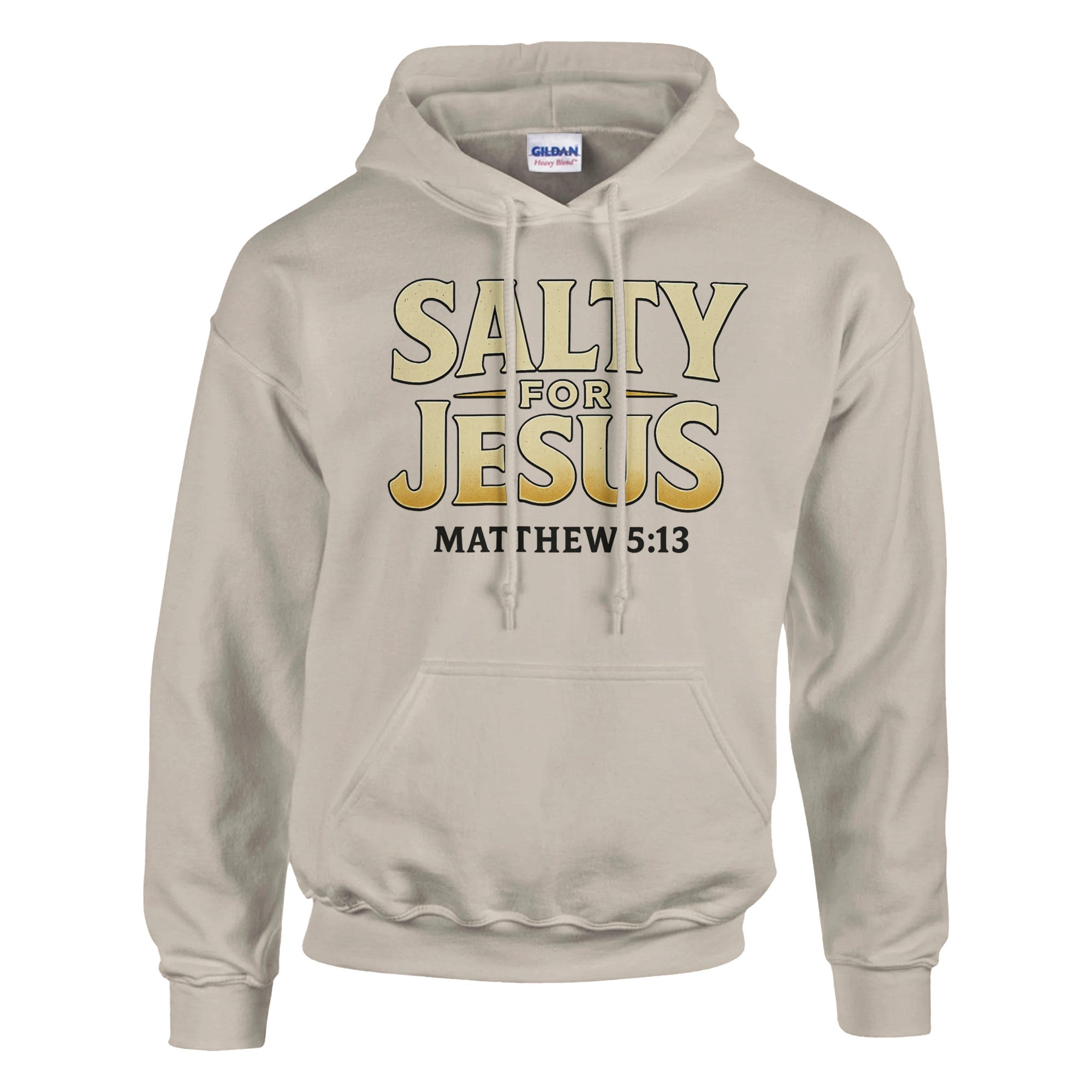 Beige hoodie with 'Salty for Jesus' text on a white background