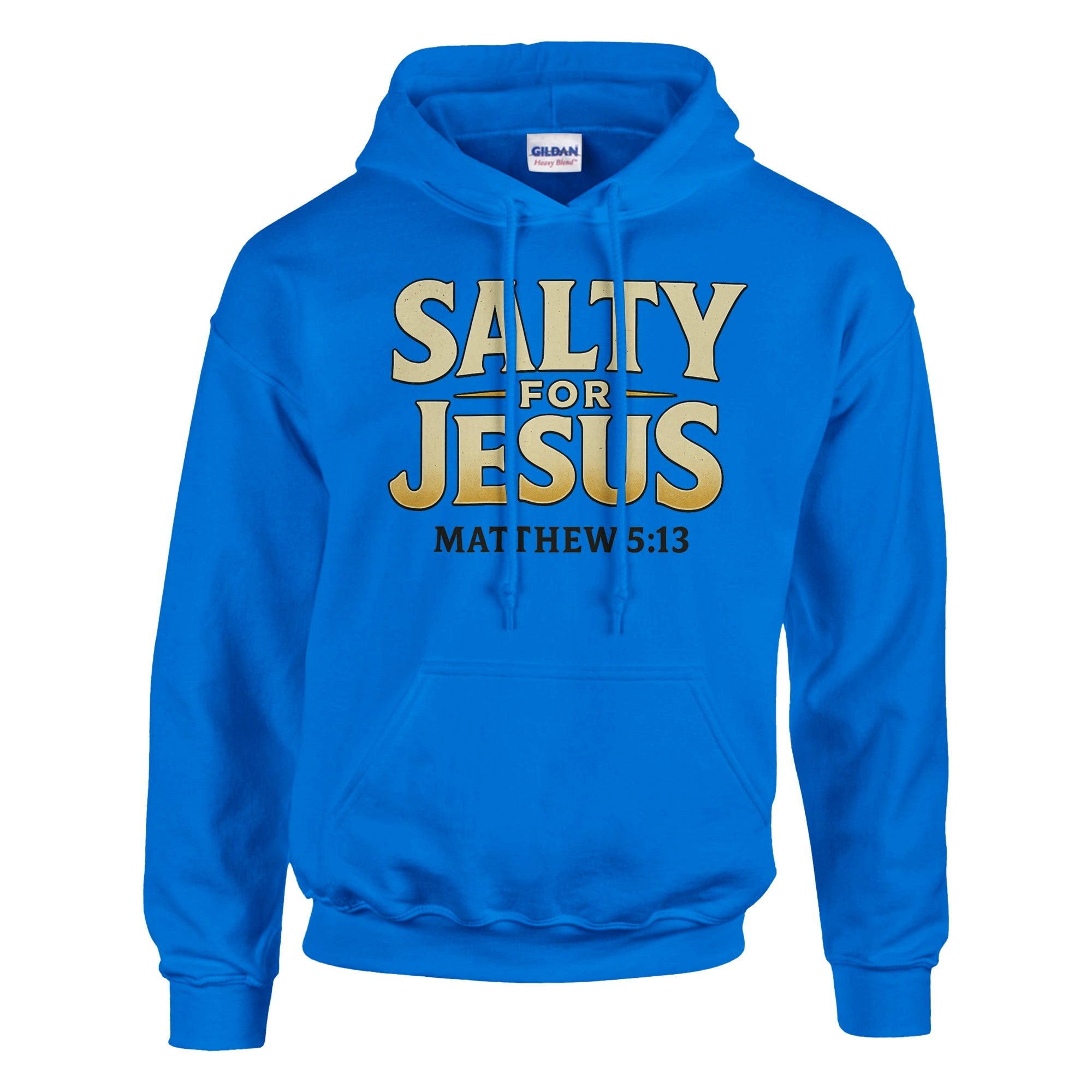 Blue hoodie with 'Salty for Jesus' text on a white background