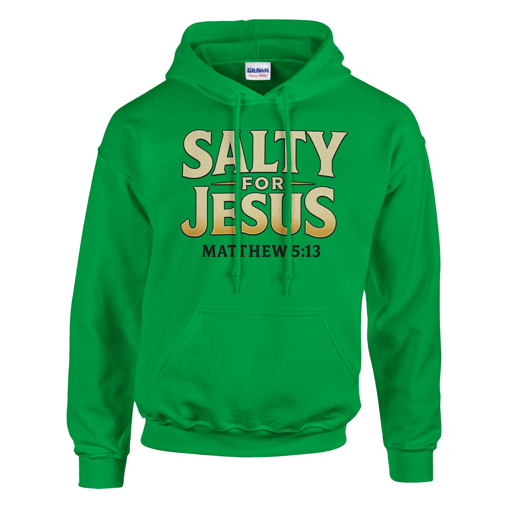 Green hoodie with 'Salty for Jesus' text on a white background
