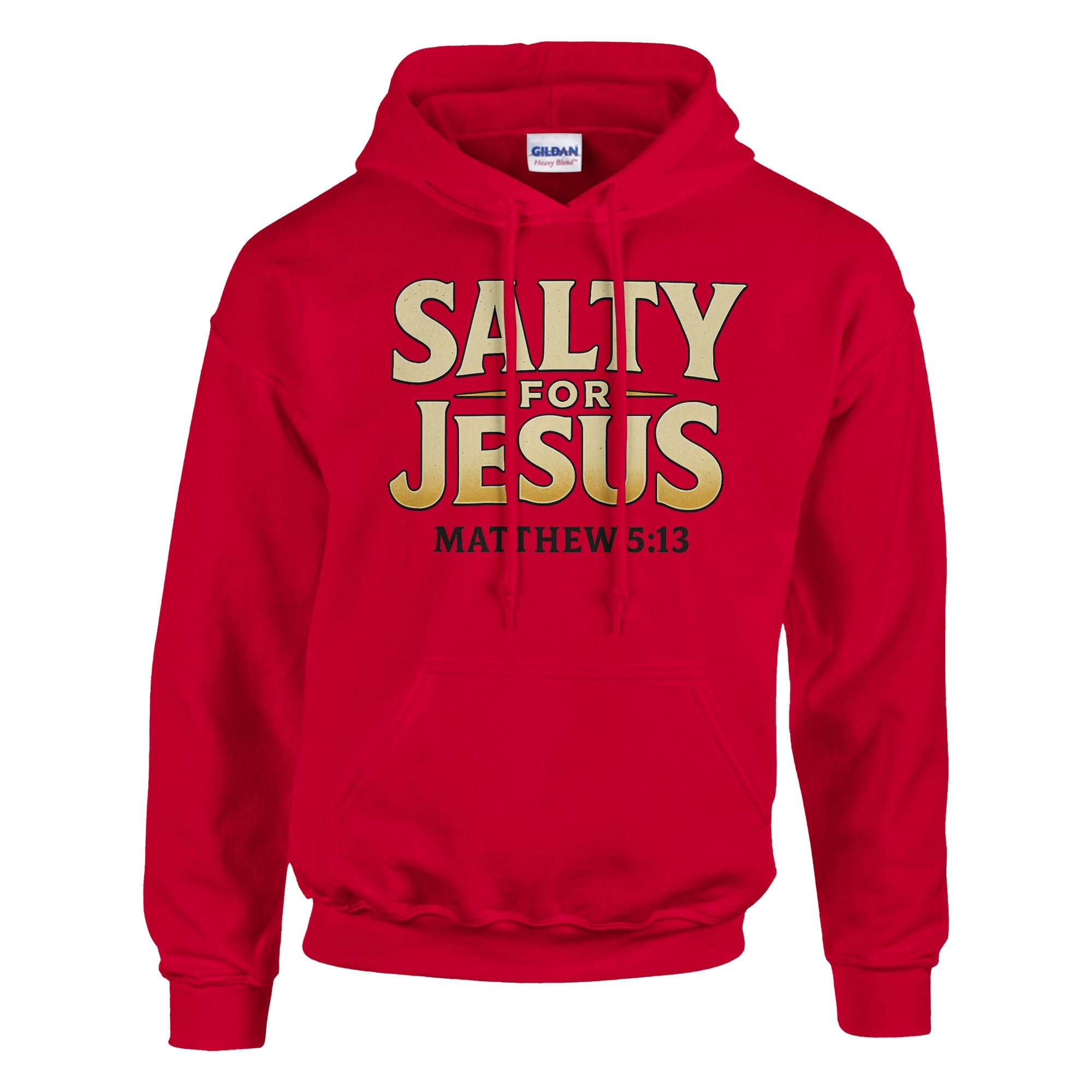 Red hoodie with 'Salty for Jesus' text on a white background