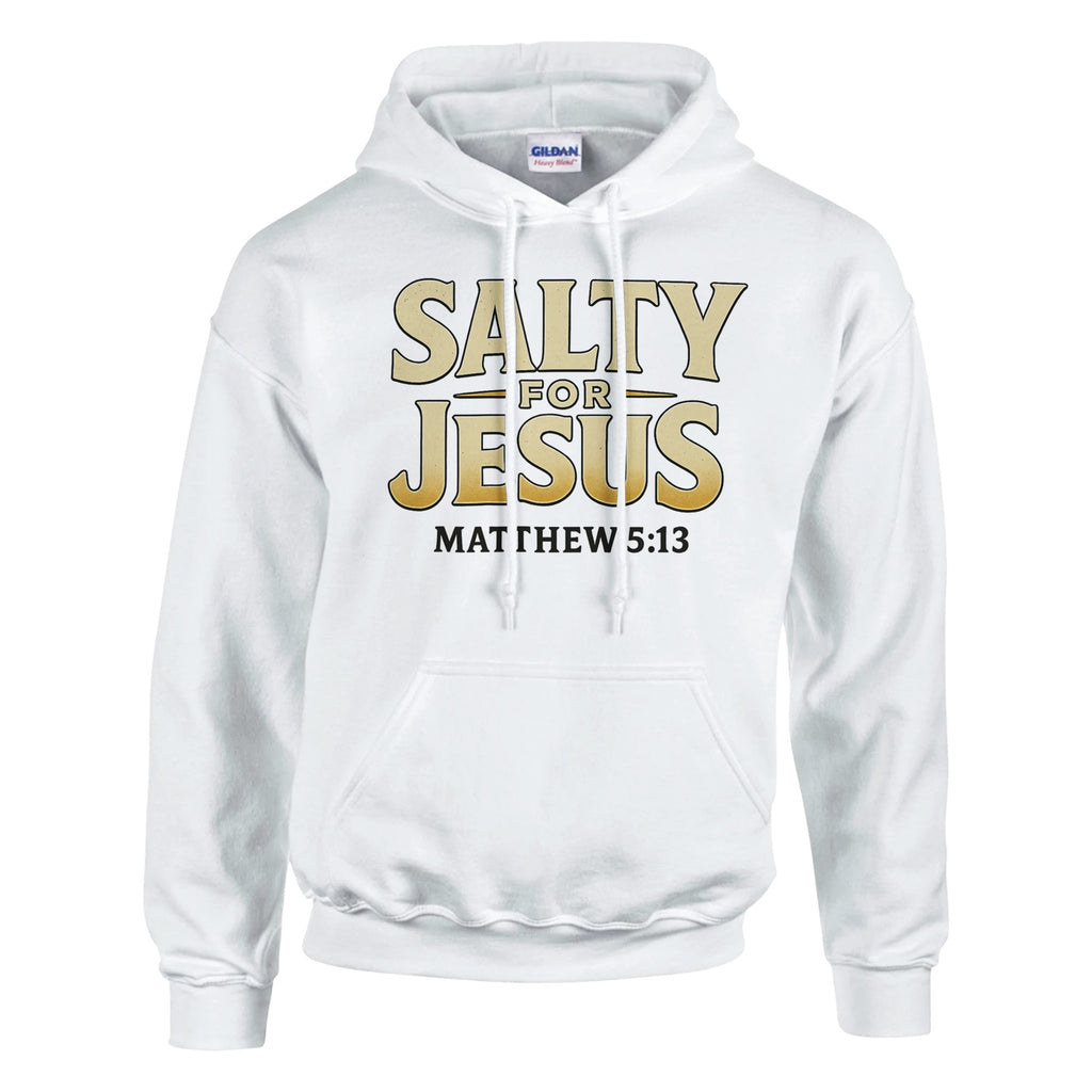 White hoodie with 'Salty for Jesus' text on a white background