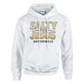 White hoodie with 'Salty for Jesus' text on a white background