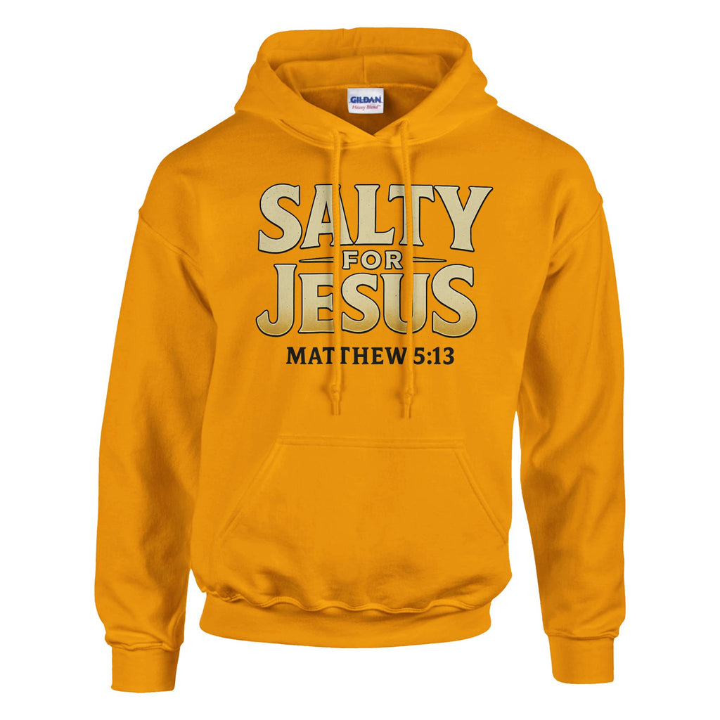 Yellow hoodie with 'Salty for Jesus' text on a white background