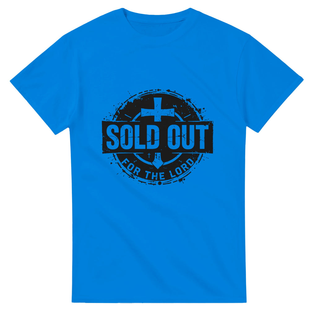 Blue t-shirt with black 'SOLD OUT FOR THE LORD' text design on a white background