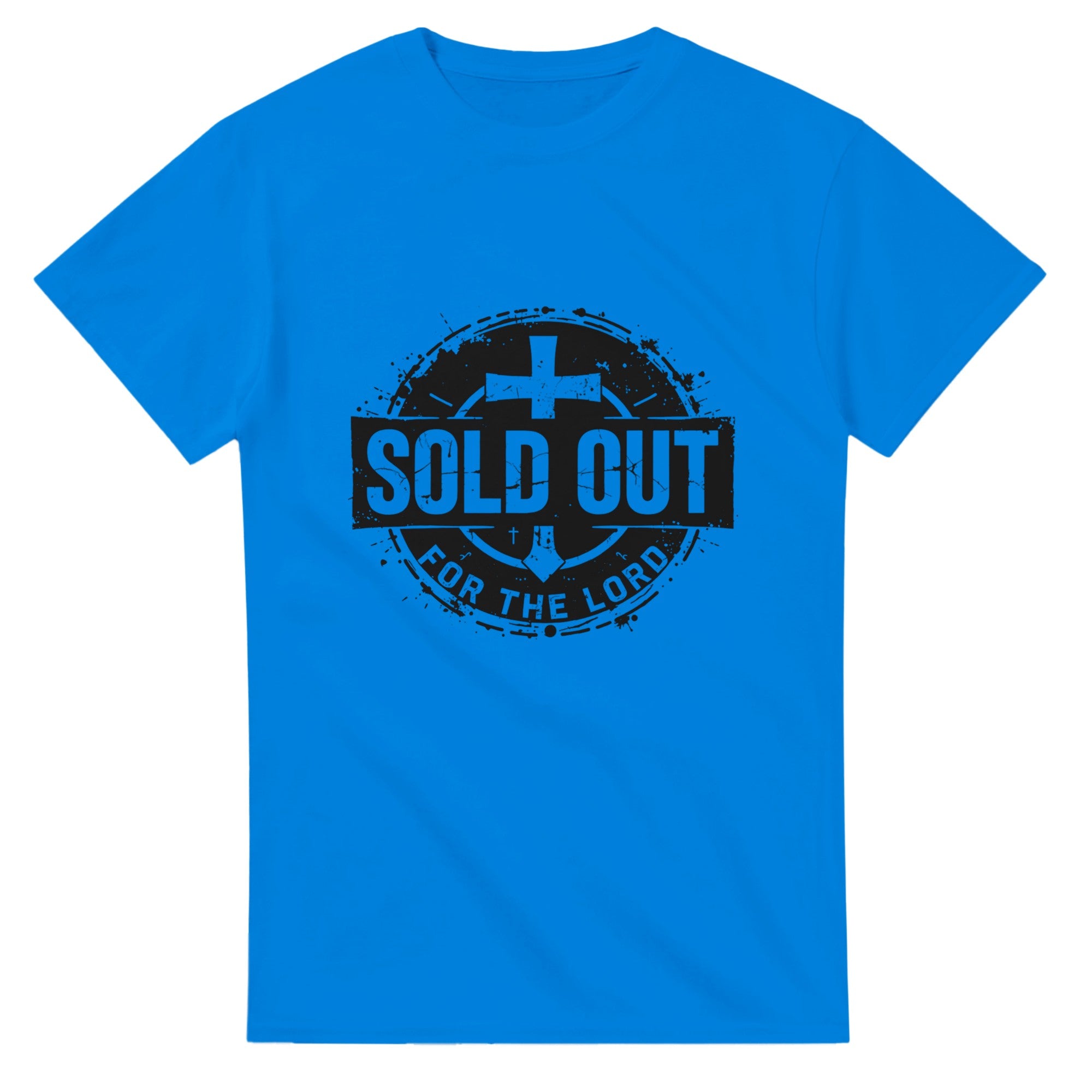 Blue t-shirt with black 'SOLD OUT FOR THE LORD' text design on a white background