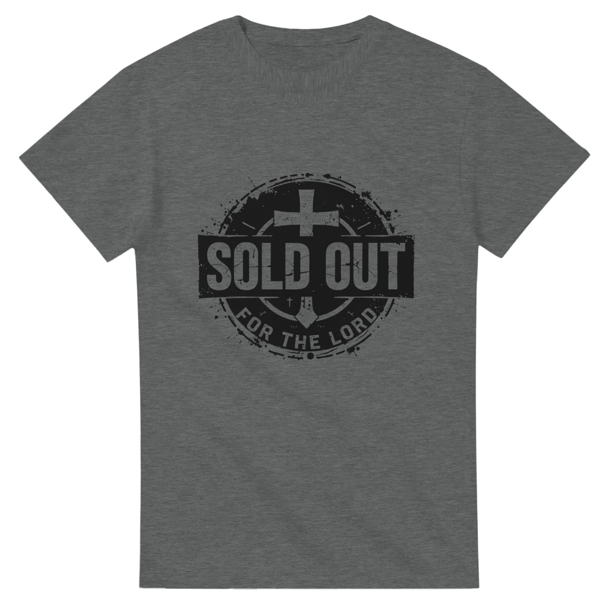 Gray t-shirt with 'Sold Out for the Lord' graphic design on a white background