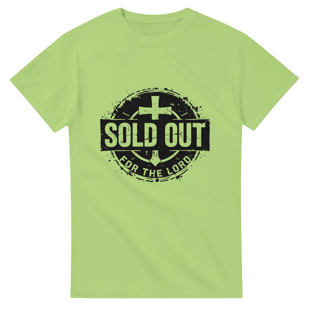 Light green t-shirt with 'Sold Out for the Lord' text and cross symbol on a white background