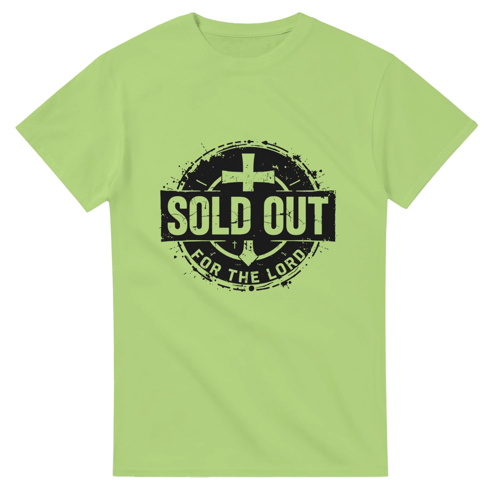 Light green t-shirt with 'Sold Out for the Lord' text and cross symbol on a white background