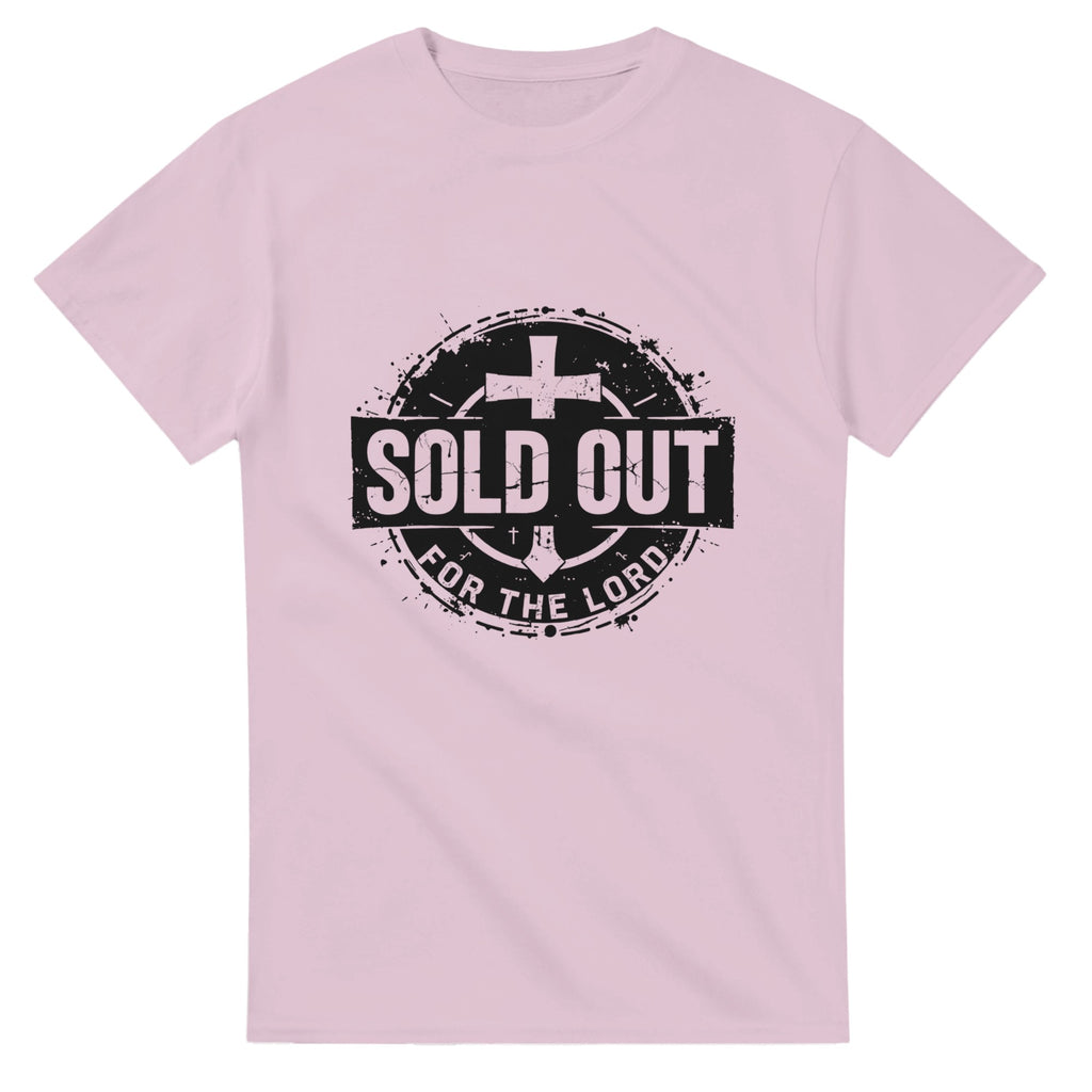 Pink t-shirt with 'Sold Out for the Lord' text and cross design on a white background