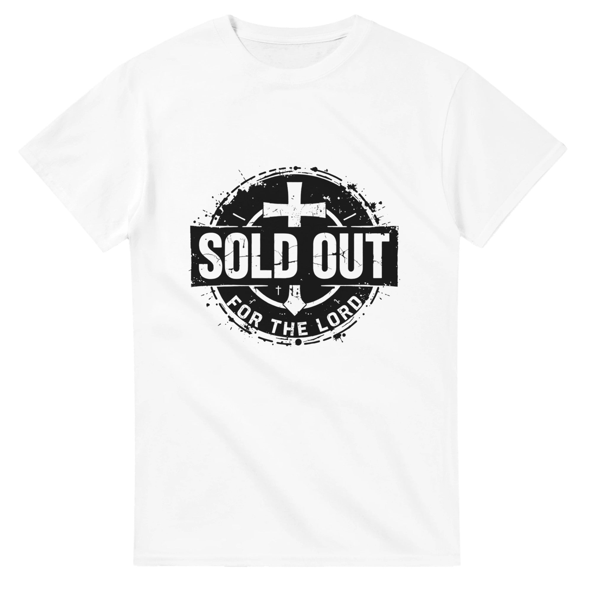 White t-shirt with 'SOLD OUT FOR THE LORD' text and cross design on a white background