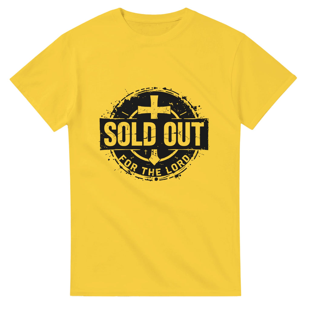 Yellow t-shirt with black graphic and text 'SOLD OUT FOR THE LORD' on a white background