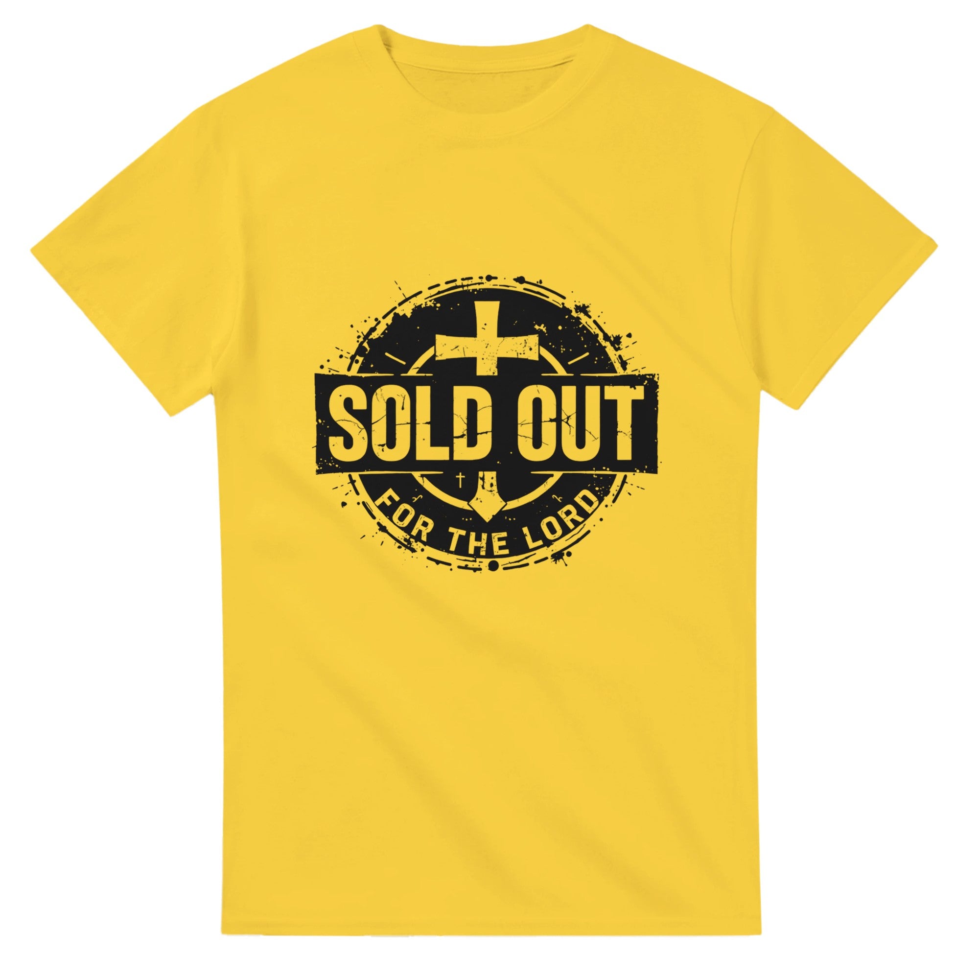 Yellow t-shirt with black graphic and text 'SOLD OUT FOR THE LORD' on a white background