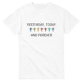 White t-shirt with 'Yesterday, Today and Forever' text and colorful crosses on a white background