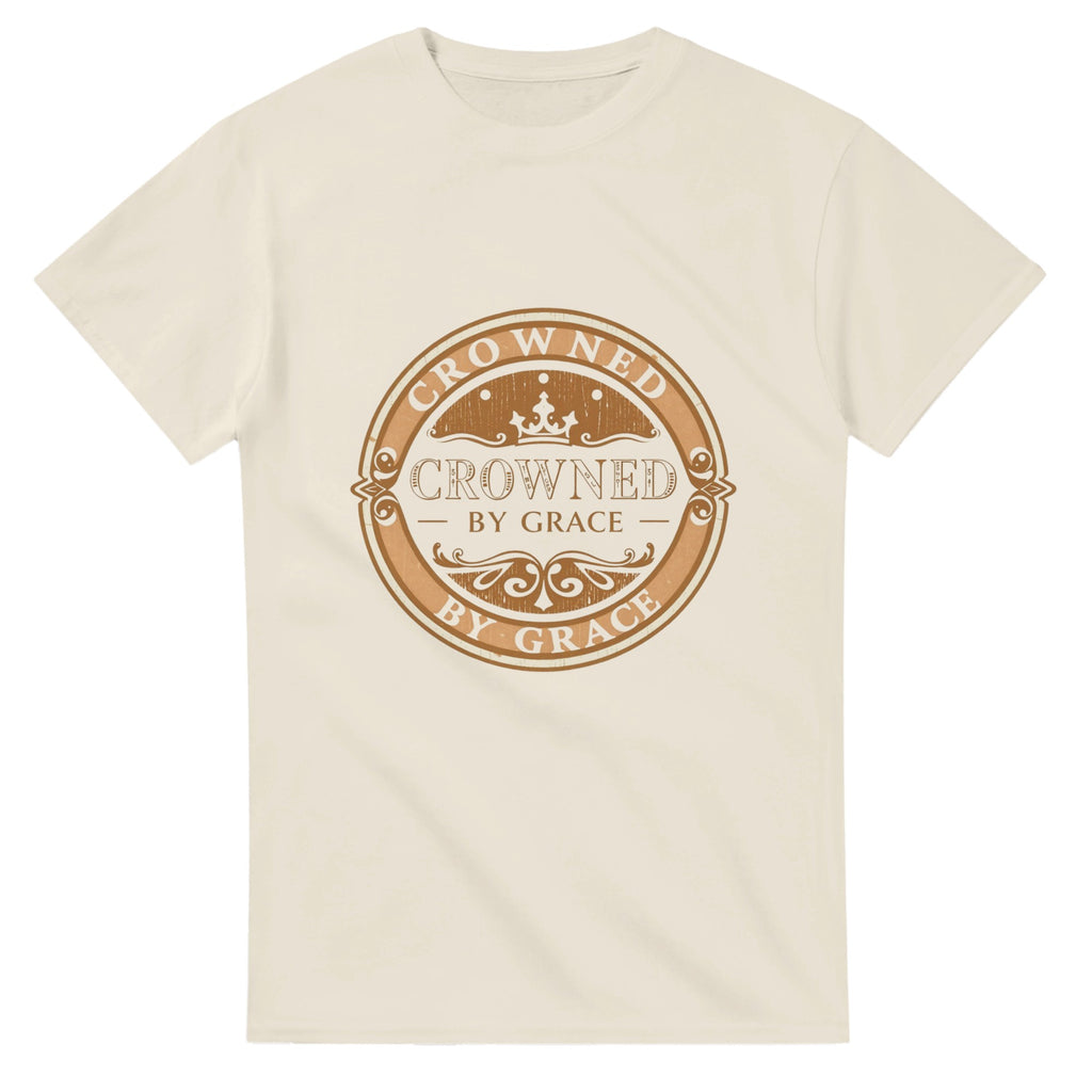 Beige t-shirt with 'Crowned by Grace' text design on a white background