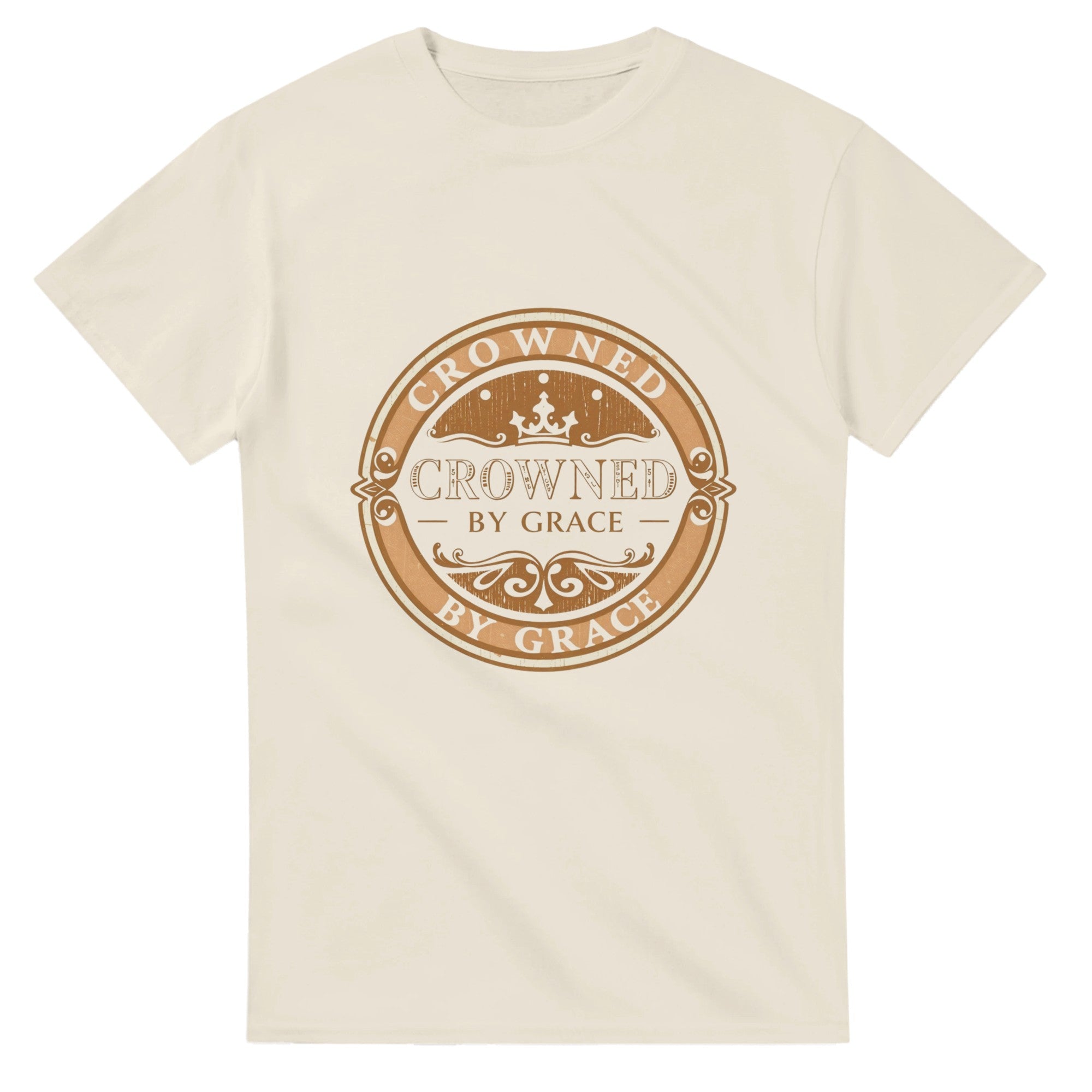 Beige t-shirt with 'Crowned by Grace' text design on a white background