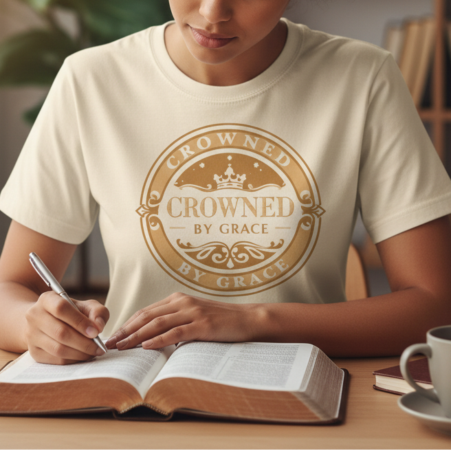 Woman wearing a 'Crowned by Grace' t-shirt, sitting at a table with a book and coffee.