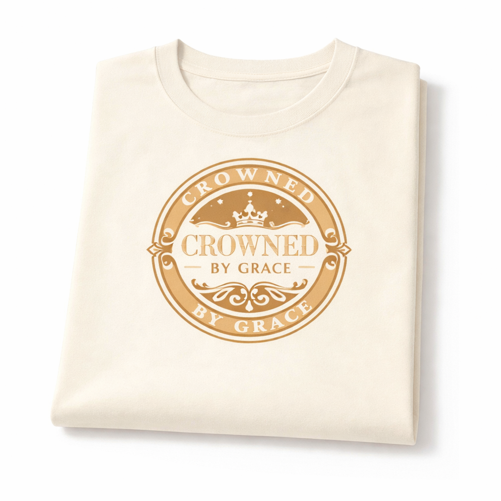 Folded cream-colored shirt with 'Crowned by Grace' logo on a white background