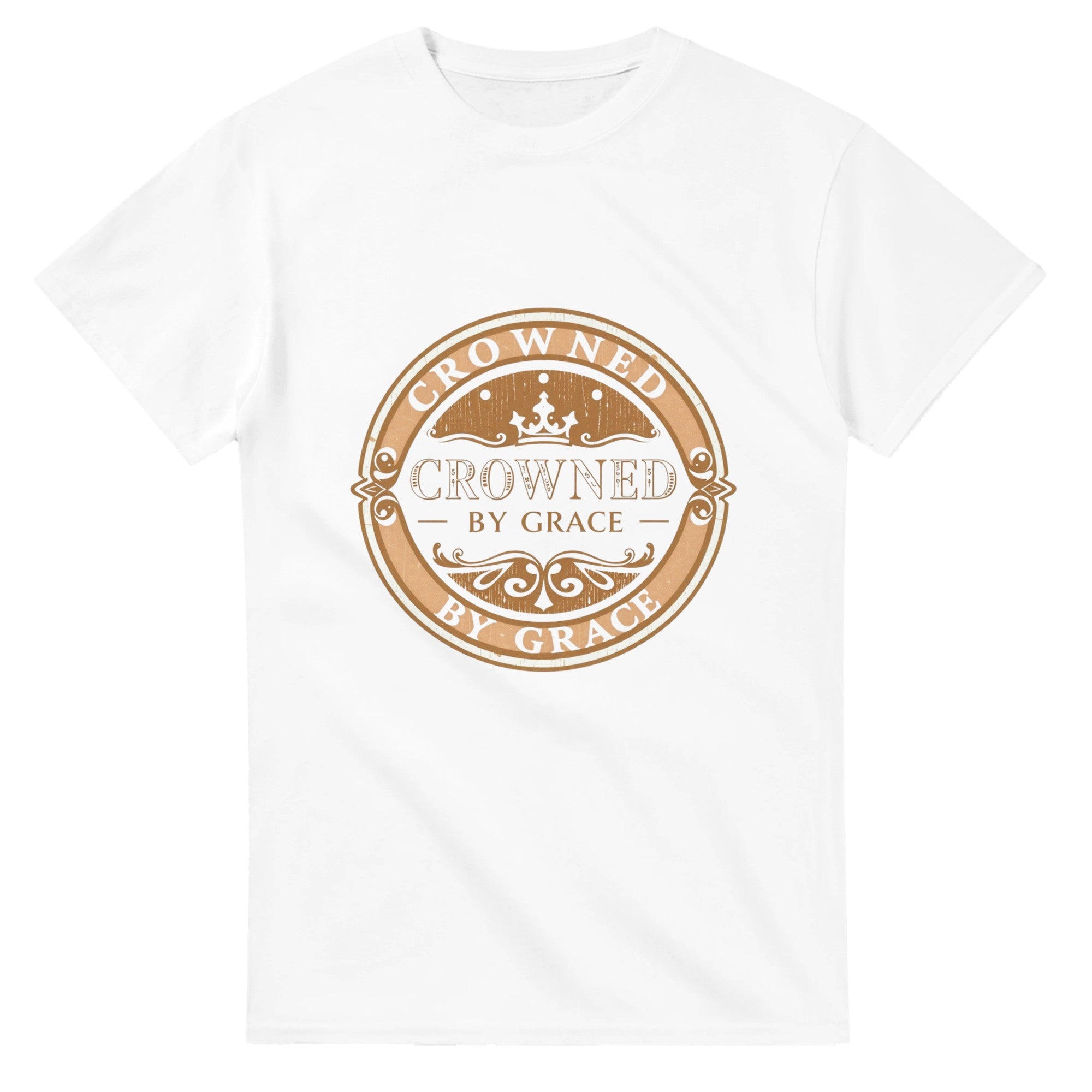 White t-shirt with 'Crowned by Grace' design on a white background