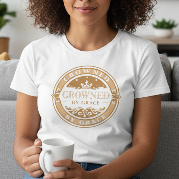 Woman wearing a white t-shirt with a gold logo in a living room setting