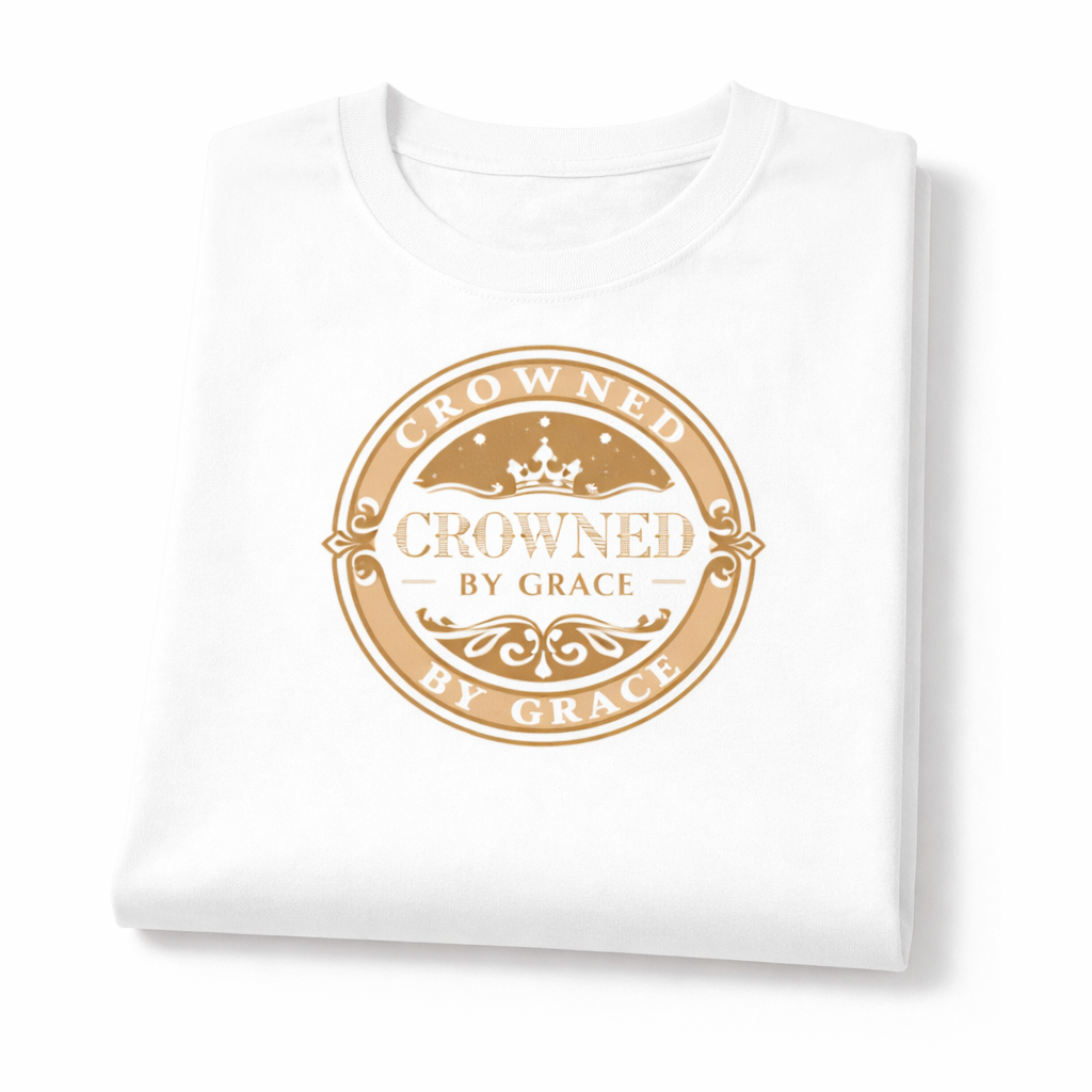 White t-shirt with 'Crowned by Grace' gold logo on a white background