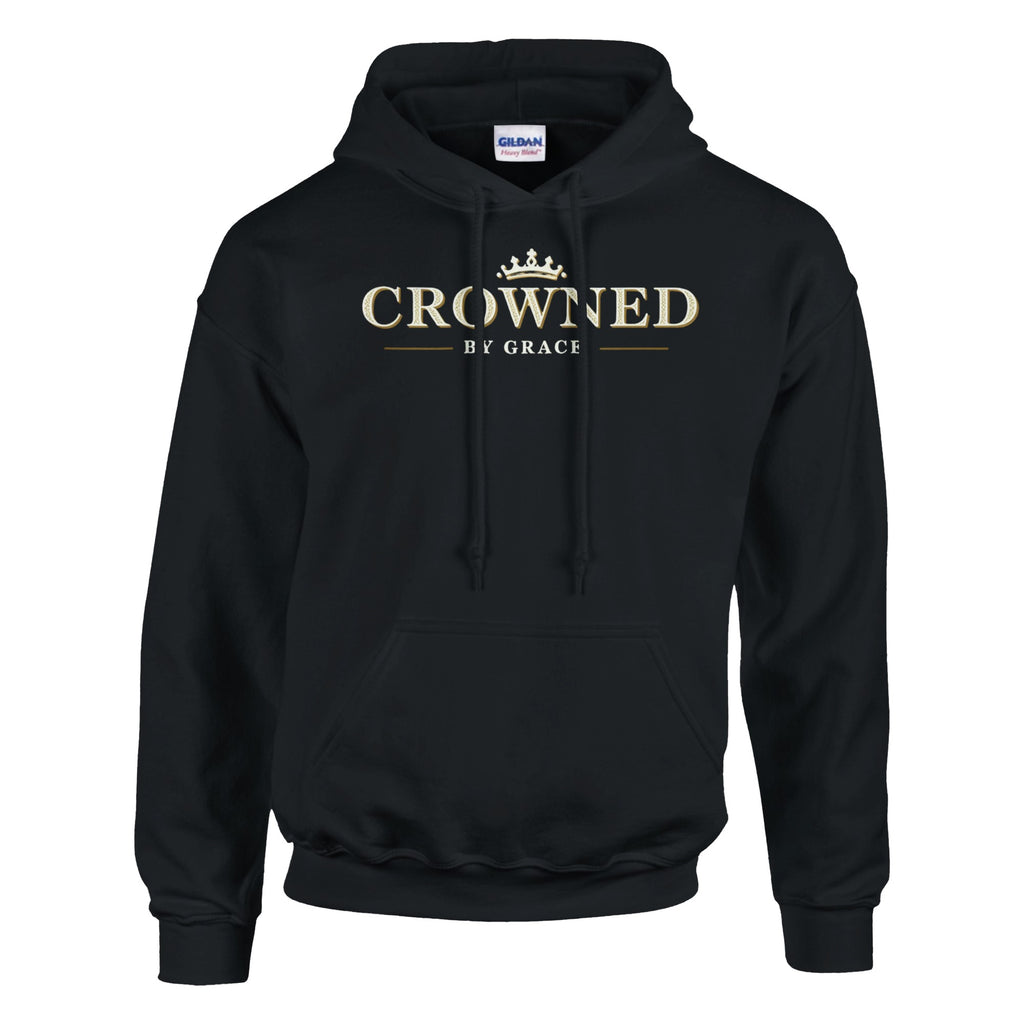 Black hoodie with 'Crowned by Grace' text on a white background