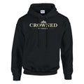 Black hoodie with 'Crowned by Grace' text on a white background
