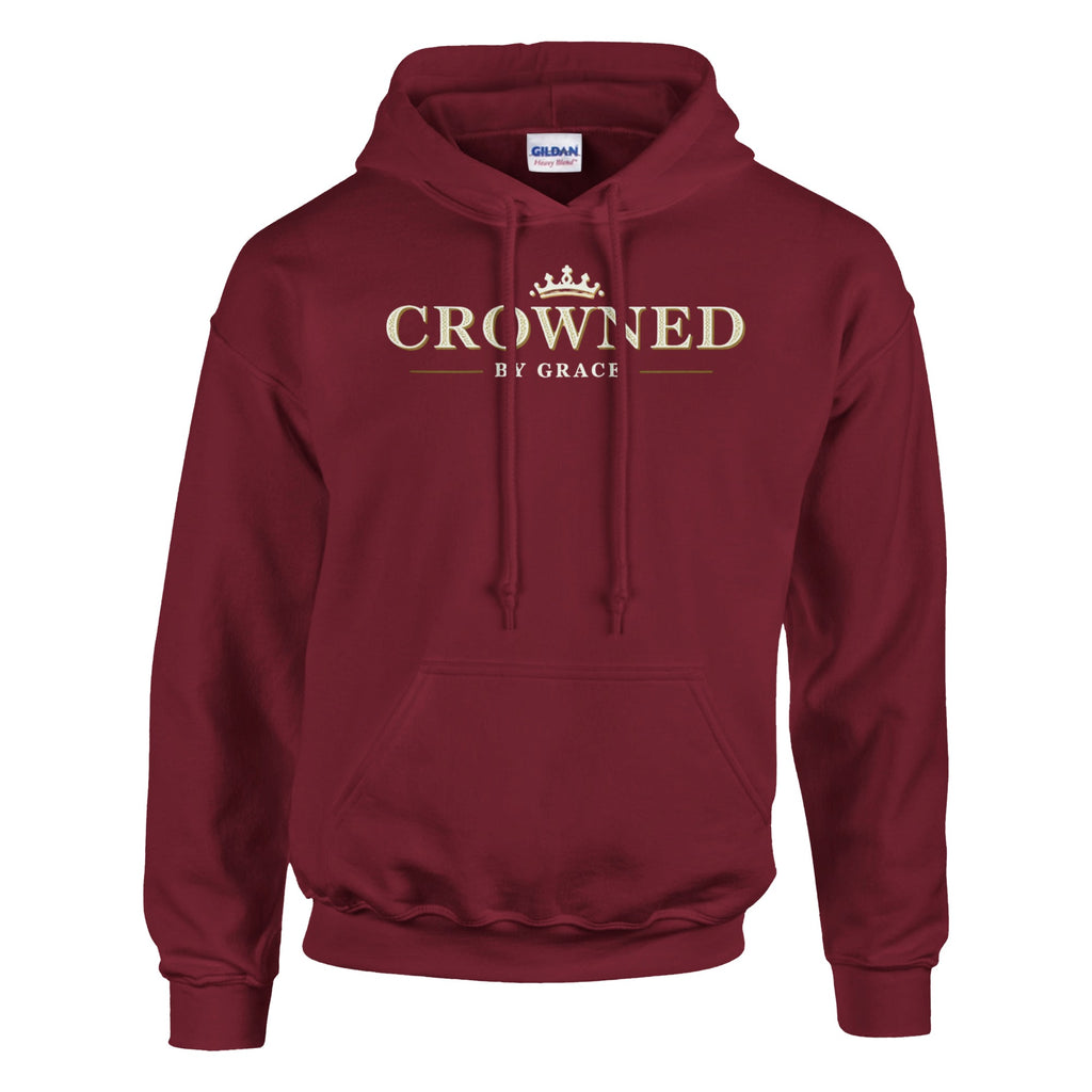 Maroon hoodie with 'Crowned by Grace' text on a white background