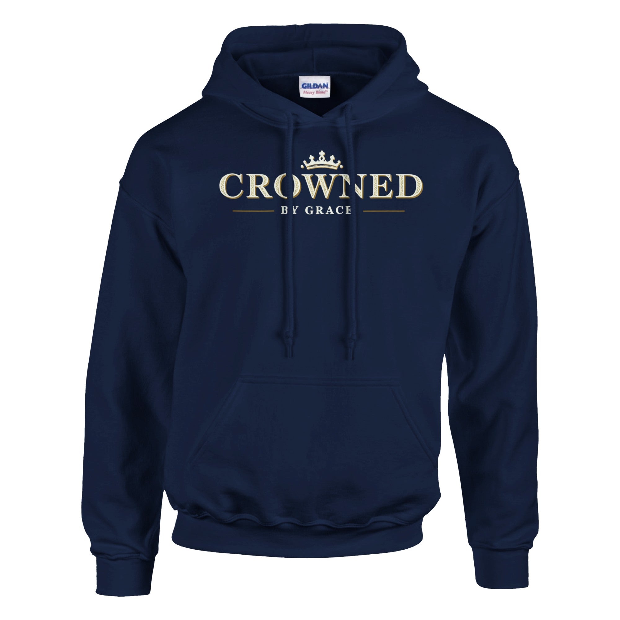 Navy blue hoodie with 'Crowned by Grace' text on a white background