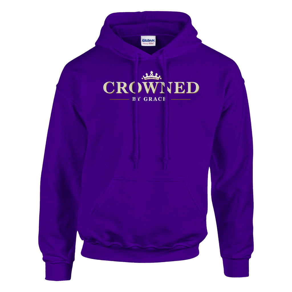 Purple hoodie with 'Crowned by Grace' text on a white background
