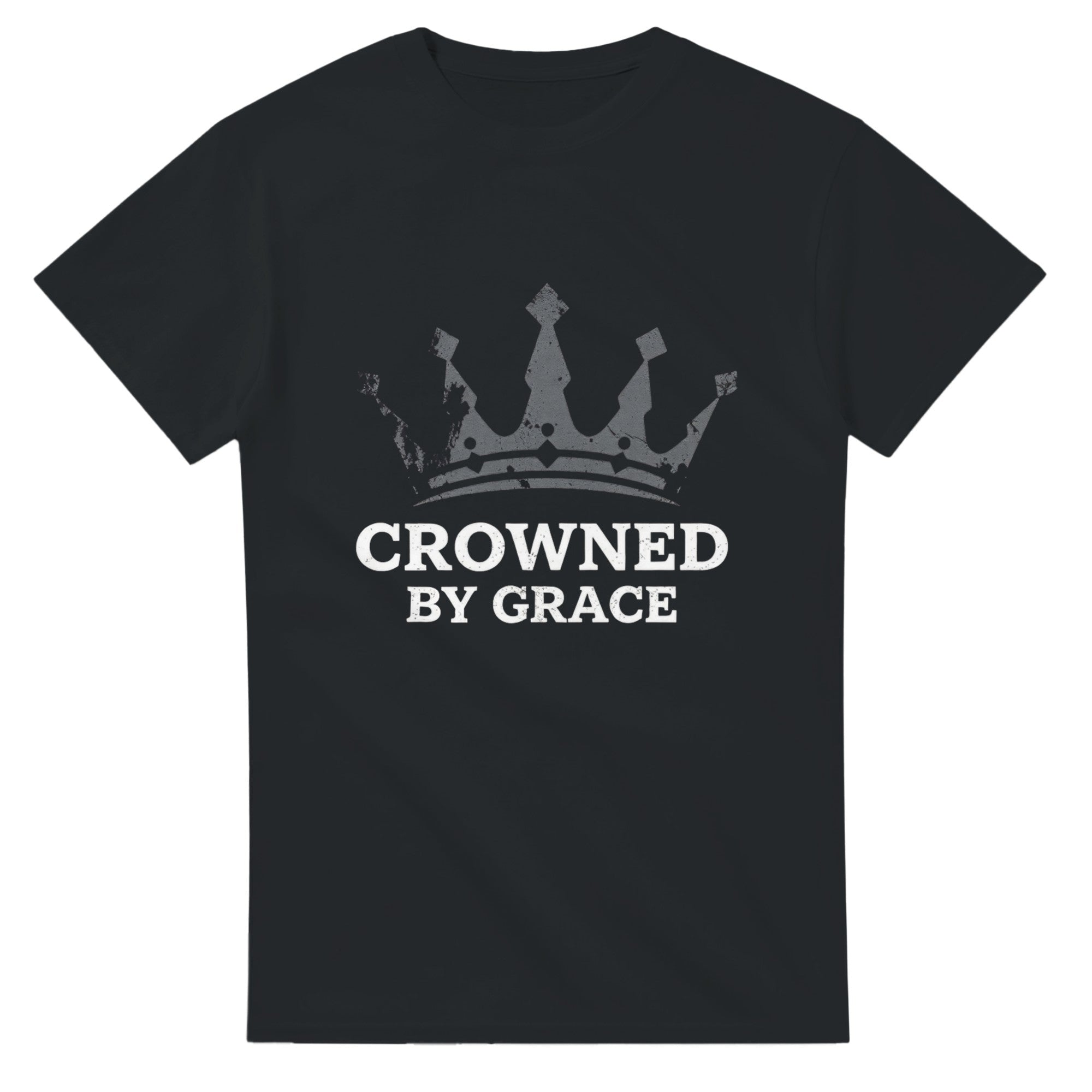 Black t-shirt with a crown graphic and 'Crowned by Grace' text on a white background