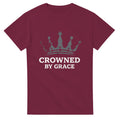 Maroon t-shirt with a crown graphic and 'Crowned by Grace' text on a white background