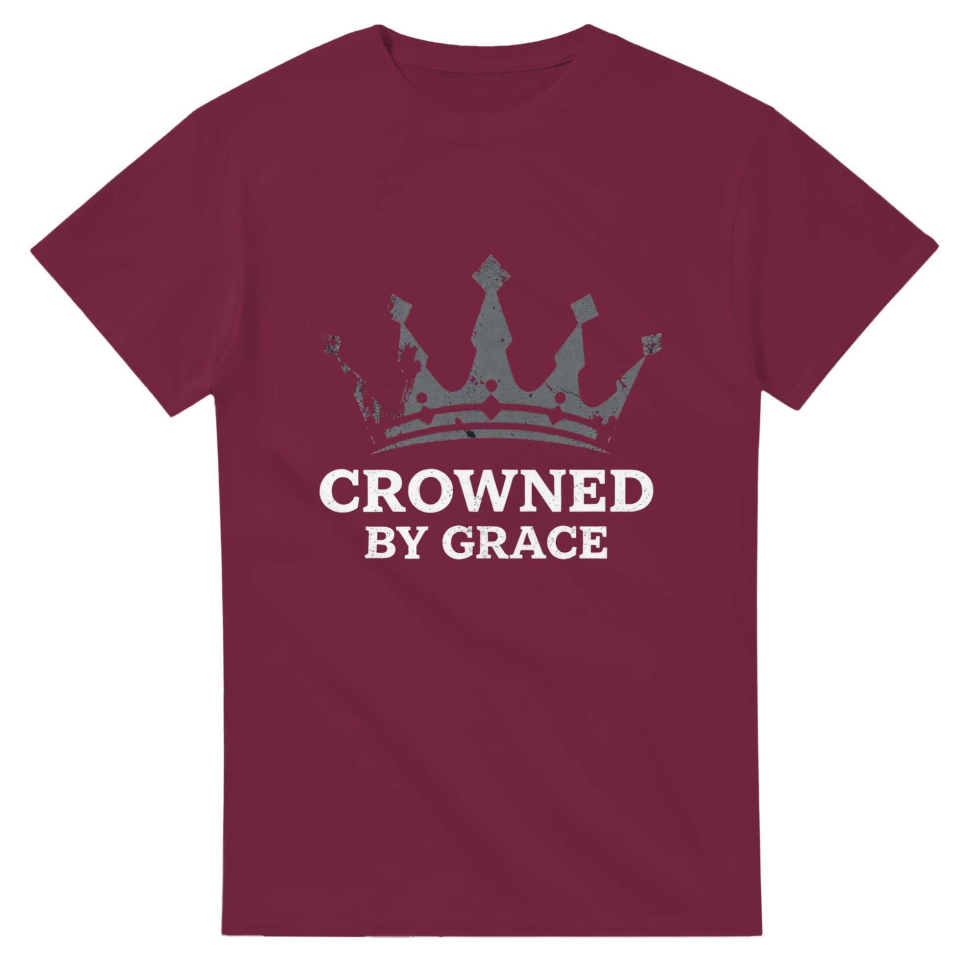 Maroon t-shirt with a crown graphic and 'Crowned by Grace' text on a white background