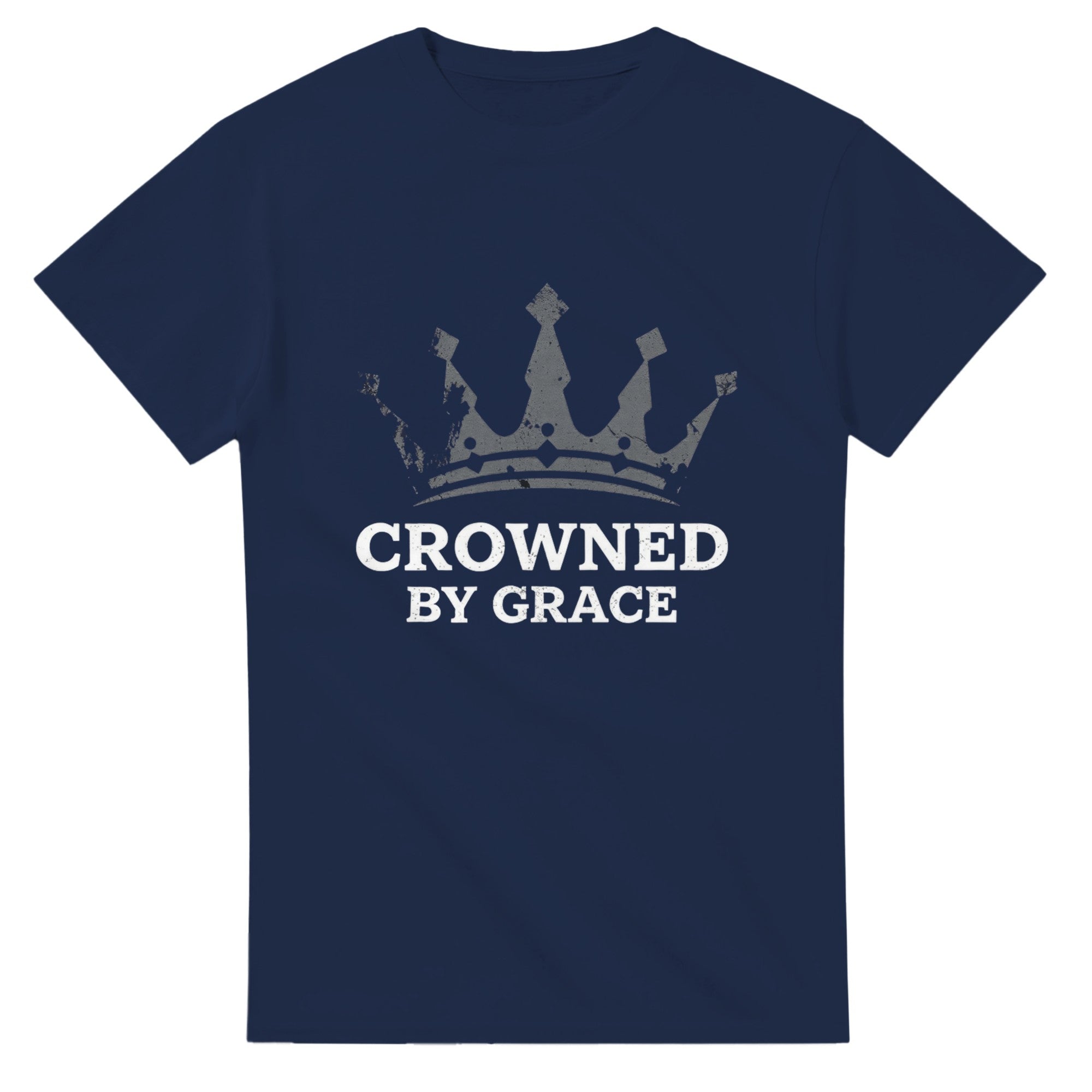 Navy blue t-shirt with a crown graphic and 'Crowned by Grace' text on a white background