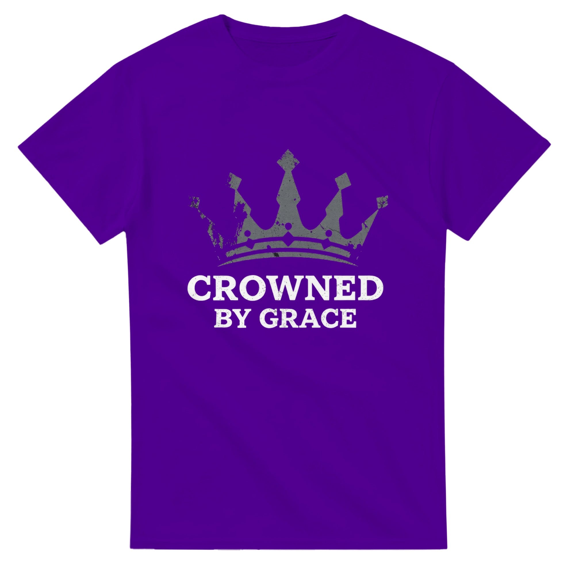 Purple t-shirt with a crown graphic and 'Crowned by Grace' text on a white background