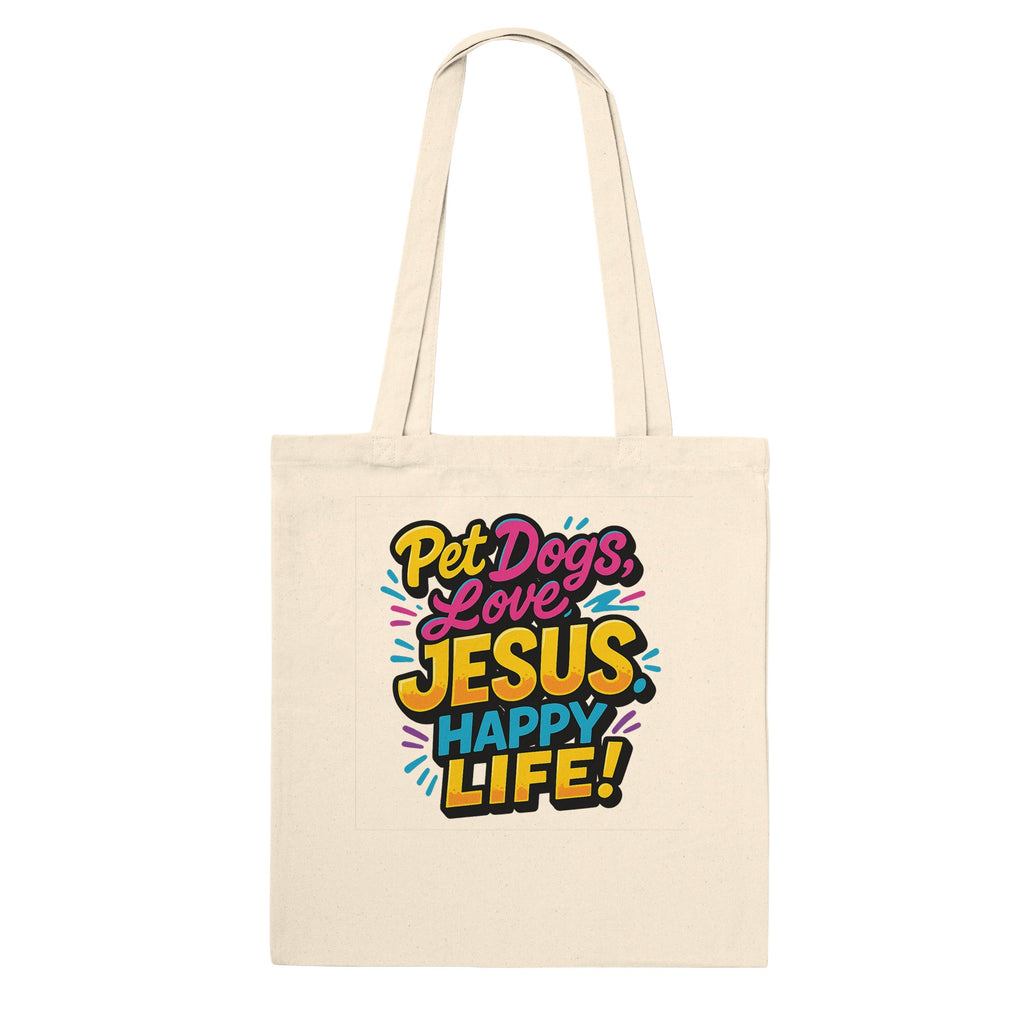 Beige tote bag with colorful text design on a white background