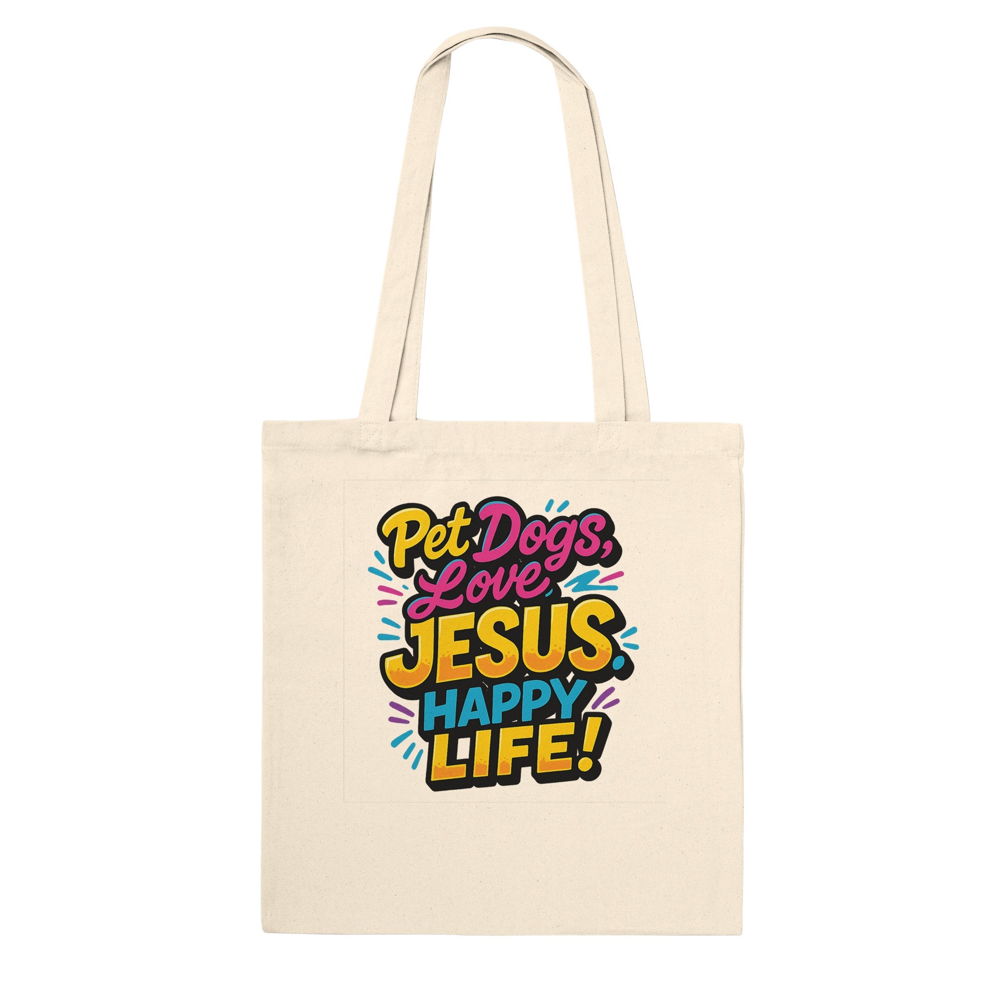 Beige tote bag with colorful text design on a white background