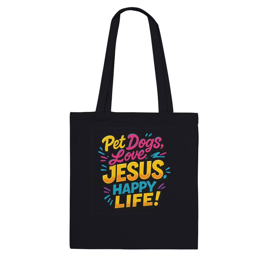 Black tote bag with colorful text design on a white background