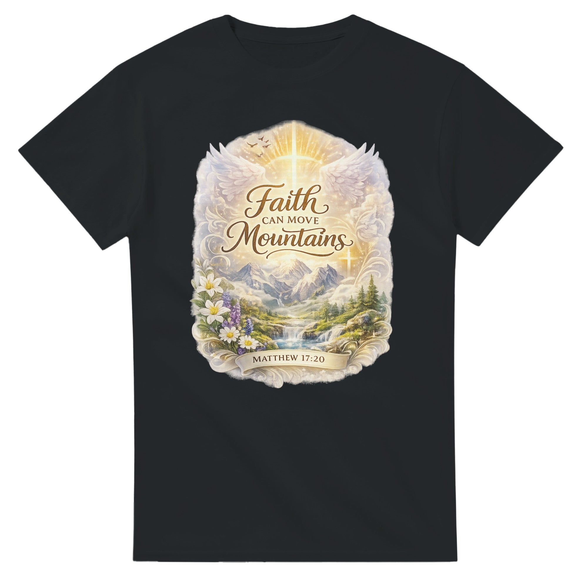 Black t-shirt with a mountain landscape graphic and 'Faith Can Move Mountains' text on a white background