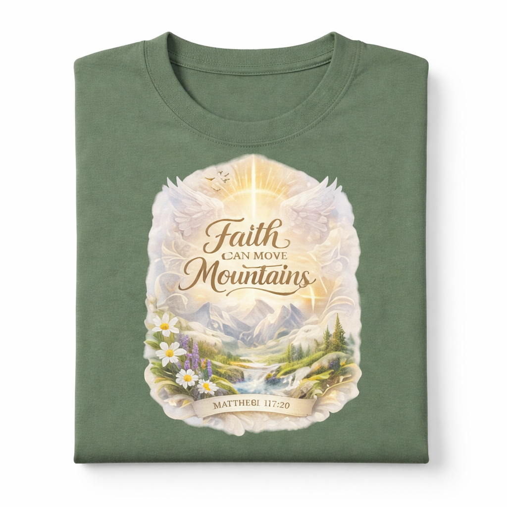 Green t-shirt with 'Faith Can Move Mountains' design on a white background