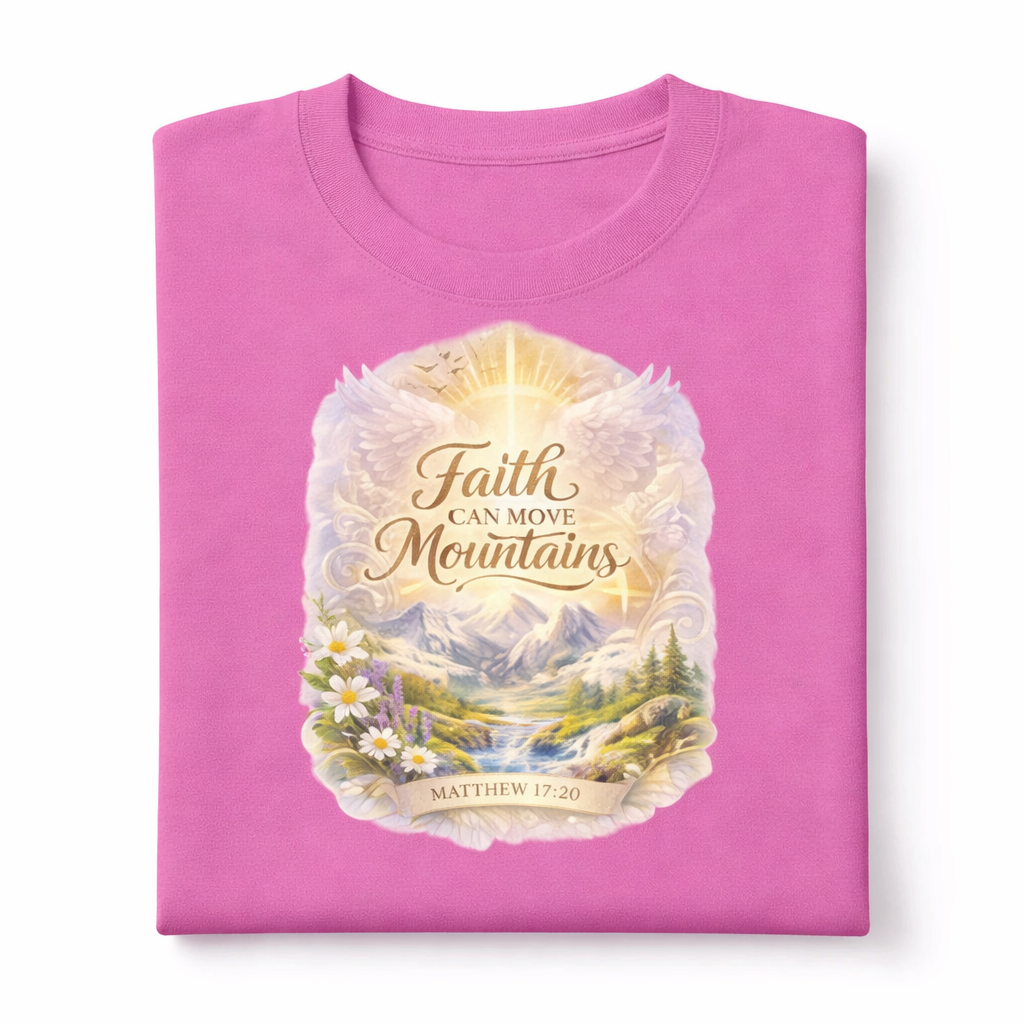 Pink t-shirt with a mountain design and 'Faith Can Move Mountains' text on a white background