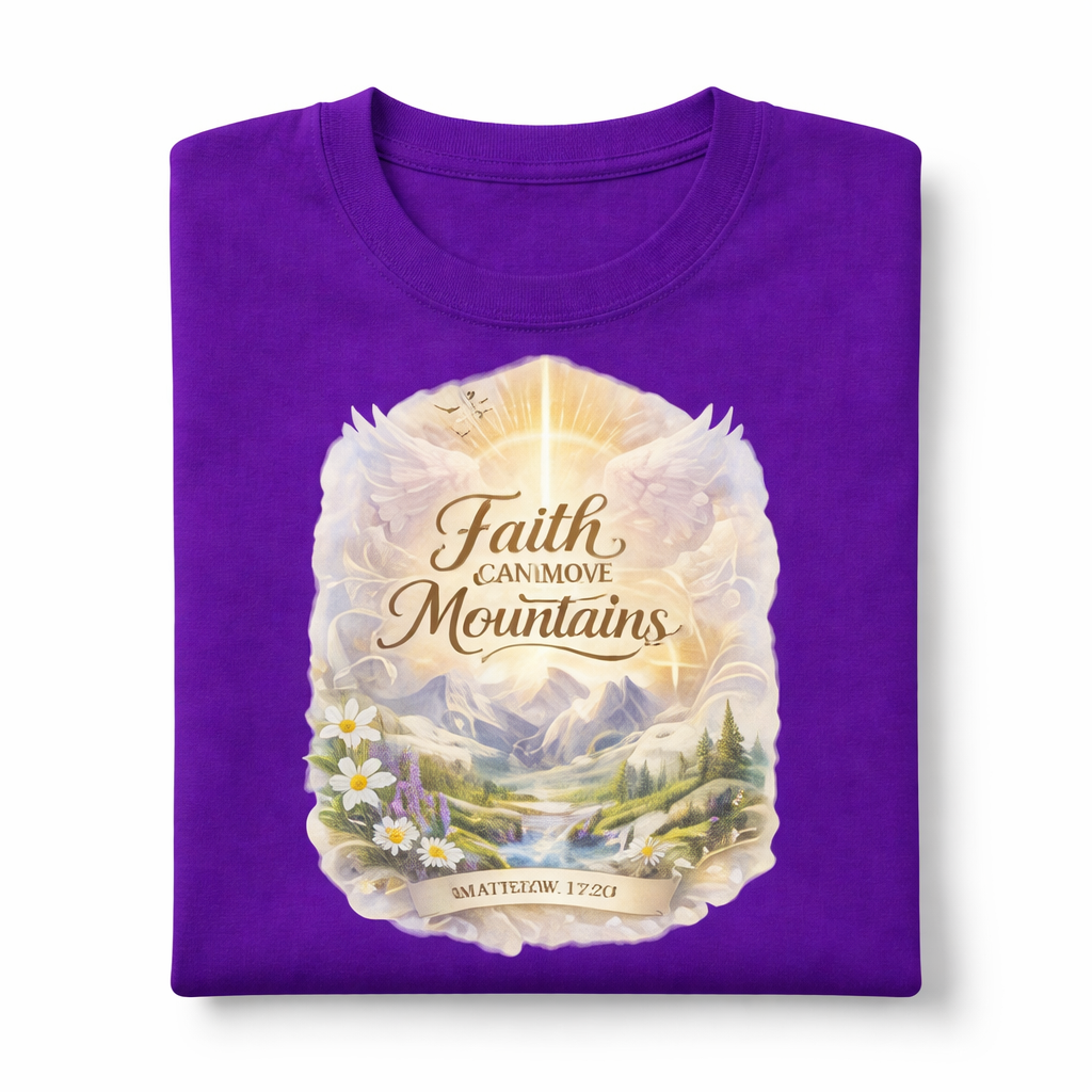 Purple t-shirt with a mountain-themed graphic and 'Faith Can Move Mountains' text on a white background