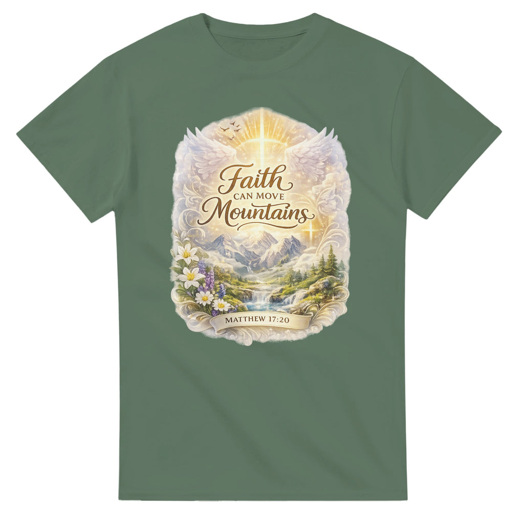 Green t-shirt with a mountain landscape graphic and 'Faith Can Move Mountains' text on a white background