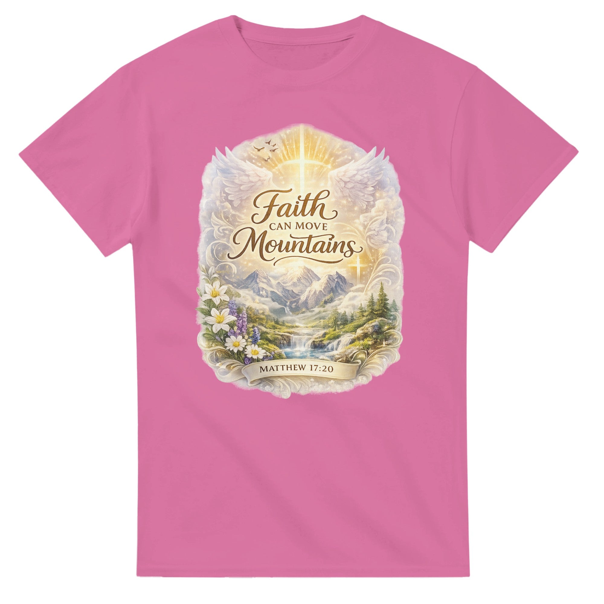 Pink t-shirt with 'Faith Can Move Mountains' design on a white background