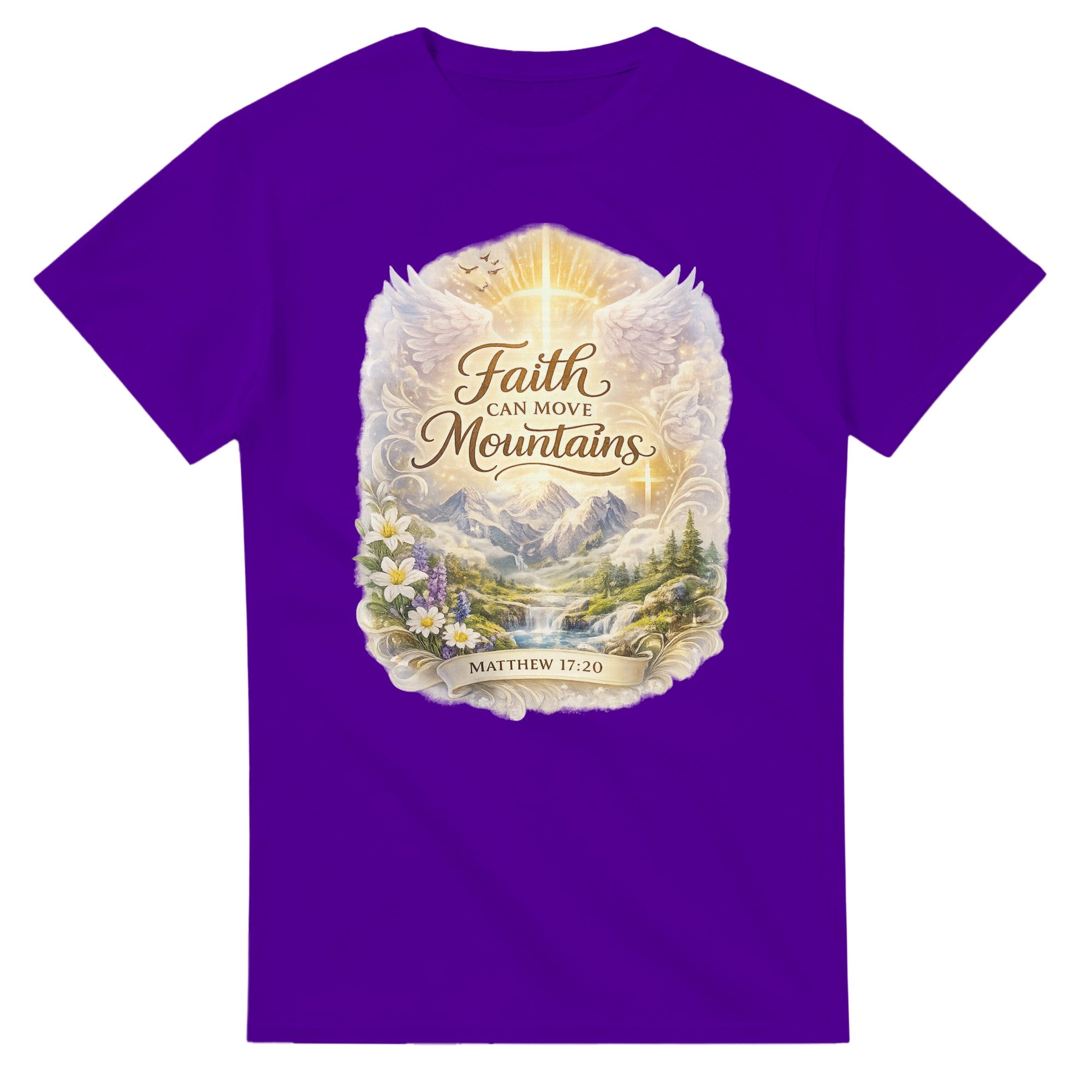 Purple t-shirt with a mountain graphic and 'Faith can move mountains' text on a white background